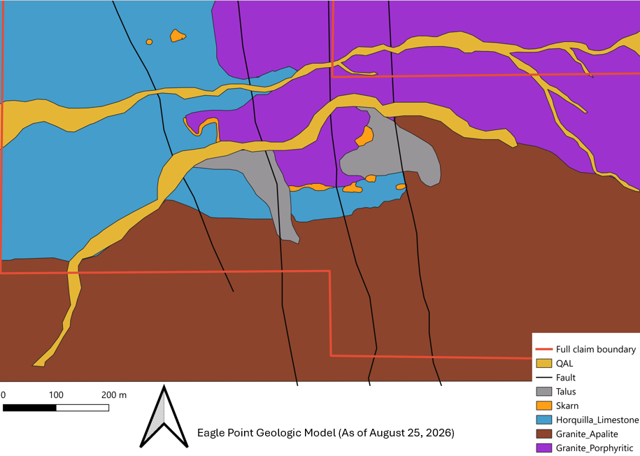 The diagram depicts a geological cross-section, showing various layers including a claim boundary, fault lines, talus, skarn, limestone, and types of granite, dated as of August 25, 2026.

AI-generated content may be incorrect.