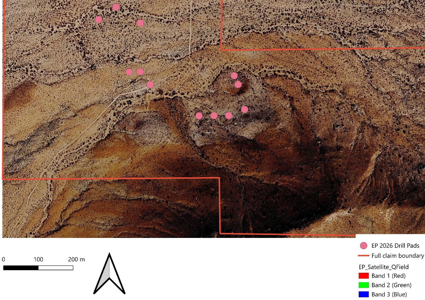 The image depicts a geological survey map with marked drill pads, a full claim boundary, and satellite imagery in red, green, and blue bands.

AI-generated content may be incorrect.